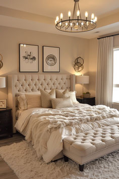 cozy bedroom, cream colors, black framed wall art above the bed, luxurious throw pillows on bed, wood nightstands flank the bed, off white table lamps on the nightstands, circular statement ceiling light above the bed with black accent color, cream colored tufted footrest at the end of the bed, cream colored curtains, soft cream colored rug under the bed Southern Chic Bedroom, Bedroom Decor Furniture, Bed Style Ideas, Luxury Master Bedrooms Decor Classy, Light Brown Bedroom Ideas, Warm Master Bedrooms Decor, Cozy Bedroom Lighting Ideas, Homely Bedroom, Cozy Apartment Bedroom Ideas