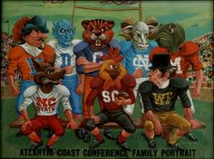 an image of a painting of some people and animals on a bench in front of a football field