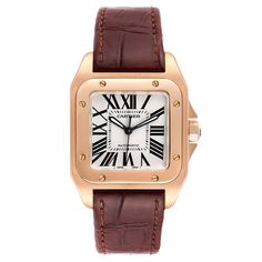 Cartier Santos 100 Midsize Rose Gold Silver Dial Mens Watch W20108Y1. Automatic self-winding movement. 18K rose gold case 33.0 x 33.0mm.  Octagonal crown set with the faceted sapphire. 18K rose gold bezel punctuated with 8 signature screws. Scratch resistant sapphire crystal. Silver dial with painted radial roman numerals. Inner minute track. Sword shape hands. Secret Cartier signature at VII. Brown leather strap with 18K rose gold double deployant clasp. Formal Cartier Chronograph Watch, Cartier Luxury Chronograph Watch With Round Dial, Cartier Classic Chronograph Watch For Formal Occasions, Classic Cartier Chronograph Watch For Formal Occasions, Classic Cartier Watch With Subdials, Brown Anniversary Watches With Diamond Hour Markers, Classic Yellow Gold Chronograph Watch With Diamond Hour Markers, Classic Yellow Gold Chronograph Watch With Diamond Markers, Luxury Brown Watch With Rectangular Dial