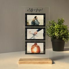 a clear acrylic plaque with four photos on it and a potted plant in the background