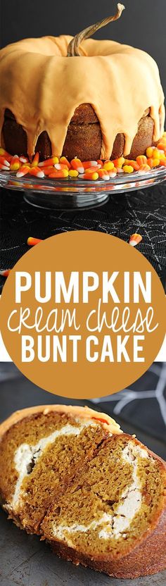 pumpkin cream cheese bunt cake on a plate with a slice cut out and the rest sliced