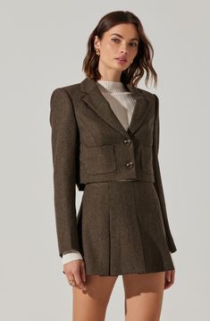 Tailored cropped jacket Shoulder padding Functional front patch pockets Fully lined Button closure Dry clean only Self: 70% Polyester, 30% Wool / Lining: 100% Polyester Style #ACT17706LH Black Tie Bridesmaids, Fall Floral Dress, Houndstooth Jacket, Wardrobe Edit, Astr The Label, Plaid Jacket, Fall Jackets, Sweater Sale, Long Sleeve Bodycon Dress