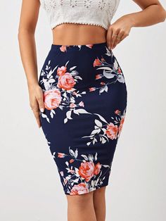 Floral Print Pencil Skirt Royal Blue Elegant   Knitted Fabric Floral Pencil Medium Stretch  Women Clothing, size features are:Bust: ,Length: ,Sleeve Length: Beautiful Skirt, Women Skirts, Womens Pencil Skirts, Printed Pencil Skirt, Pencil Skirts, Fabric Floral, Beautiful Skirts, All Fashion, Crayon