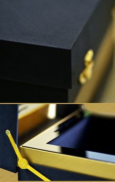 two pictures of a black and gold box with yellow handles, one showing the lid