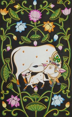 a painting of two cows standing next to each other on a black background with flowers and leaves