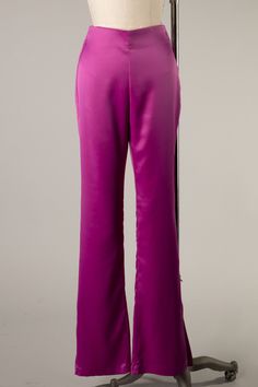 Magenta Satin High Waisted. Side Slit 97% Polyester 3% Spandex Small 26 Waist Medium 28 Waist Large 30 Waist Inseam 32 Rise 11 Fascinator, High Waisted, Satin, Spandex, Pants, Trousers