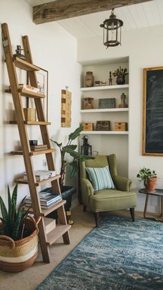 a living room filled with furniture and a ladder