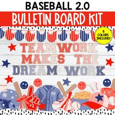 an image of a baseball themed bulletin board kit with words and pictures on the front