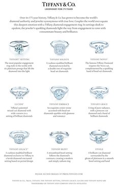 an advertisement for tiffany & co featuring different types of rings and their price tag on it