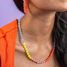 Mix, match, and layer effortlessly to create a look that's uniquely yours. The bright and bold colors, coupled with the delightful glass seed bead accents, add a playful touch to your style. Drape yourself in the captivating charm of the Natural Stone Bead Necklace – where every stone tells a story, and every color paints a picture of your dynamic personality. --DETAILS-- 18" L plus 2" extender, .25" W Handmade by skilled artisans in India Hypoallergenic nickel + lead-free brass hardware These a Rainbow Beaded Glass Jewelry, Trendy Multicolor Glass Beaded Necklaces, Trendy Multicolor Glass Necklaces, Trendy Multicolor Glass Necklace, Rainbow Single Strand Beaded Necklaces With Round Beads, Rainbow Jewelry With Beaded Round Beads, Rainbow Jewelry With Round Beaded Chain, Rainbow Beaded Chain Jewelry With Round Beads, Multicolor Faceted Czech Glass Beaded Necklaces