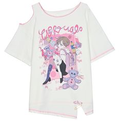 Get ready to embrace your inner kawaii with this adorable comic girl print T-shirt! The cutout shoulder design and lettuce trim details add a touch of playful charm, while the cute pins decoration gives it a fun and unique flair. This loose-fitting tee is perfect for a casual, comfy look.  Please note that this item includes only the T-shirt. Garment Size SizeSMLFull Length59.561.563.5Bust106110114Shoulders586062Sleeve Length16.51717.5Hem Circumference119123127Cuff39.540.741.9 Y2k Tshirt Designs, T Shirt Designs Graphics, Cartoon Shirt Design, Fit Board, Steampunk Fashion Male, Kawaii Shirts, Shirt Drawing, Cartoon Shirts, Store Ideas