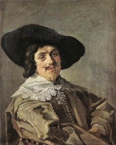 a painting of a man wearing a black hat and holding a book in his right hand