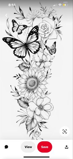 a black and white drawing of flowers with butterflies on the top right hand corner, which reads view save