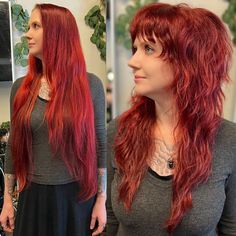 ASHEVILLE HAIRSTYLIST ✦ SHAGS MULLETS CURLS on Instagram: "On the left is Leslie’s grown in haircut from two years ago. ✂️ Click the link in my bio to rent my virtual shag class & learn this cut! ✨ Cut with my 6” Paragon II from @arcscissors! Use my code “skip15” for 15% off! Styled with @hairstorystudio undressed & @cultandking Jelly on damp hair. Then powder + wax on dry hair! Click the link in my bio to shop & receive 15% off your Hairstory order. #theneonmoonsalon #ashevillehair #ashevil Shag Haircut Side View, Long Rocker Hair Cuts For Women, Textured Wolf Cut, Hippie Haircuts, Wolf Cut For Long Hair, Haircut Ideas For Long Hair, Hairdo Ideas, Mullet Hair, Color Block Hair