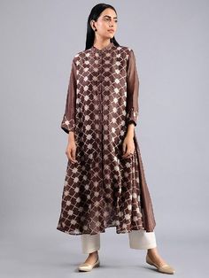 Star Shibori Jacket Dress In Brown (Set of 2)  By Sonal Kabra now available at Trendroots Dress With Mirror Work, Cotton Silk Fabric, Handmade Buttons, Open Jacket, Women Jackets, Jackets Online, Long Dresses, Shibori, Star Shape