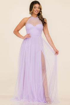 Introducing the HALTER NECK TULLE DOUBLE SLITS MAXI dress! Crafted with 100% polyester and featuring two subtle, elegant slits, this tulle maxi is the perfect combination of comfort and style. Discover your inner goddess and feel confident while making a statement at any event. What are you waiting for? Let the HALTER Elegant Lavender Gown For Prom, Purple Floor-length Bridesmaid Dress For Prom, Elegant Floor-length Purple Bridesmaid Dress For Prom, Floor-length Purple Bridesmaid Dress For Prom, Sleeveless Lavender Evening Dress For Prom, Lavender Evening Dress For Prom Season, Elegant Purple Gown With Sheer Bodice, Lavender Evening Dress For Prom, Lavender Tulle Evening Dress For Party