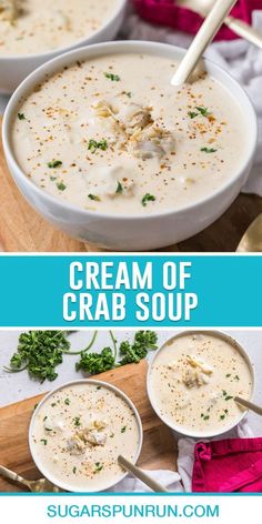 two bowls filled with cream of crab soup