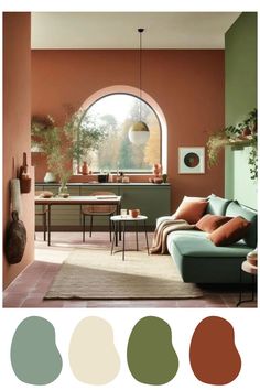 a living room filled with furniture and lots of color scheme in shades of brown, green,