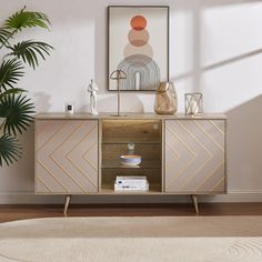 a modern sideboard with geometric design and gold accents