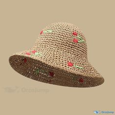 OrcaJump - Elegant Raffia Straw Bucket Hat with Heart and Cherry Embellishments - Khaki and Beige Casual Red Mini Hat For Beach, Red Casual Mini Hats For Summer, Summer Brimmed Hat As A Gift, Red Casual Mini Hat For The Beach, Cute Handmade Summer Hats, Brimmed Sun Hat For Spring, Summer Brimmed Hat As Gift, Red Wide Brim Crochet Hat For Spring, Whimsical Crochet Hat With Curved Brim For Summer