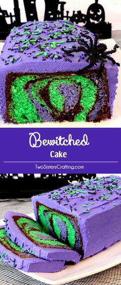 a cake with green and purple frosting on it's side, sitting on a plate