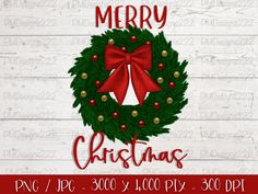 merry christmas wreath with red bow and bells on white wood background, digital cut file