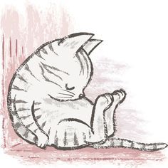 a drawing of a cat sitting on the ground with its head down and eyes closed