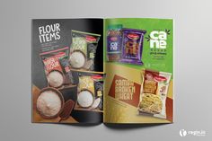 an open magazine with cereals and flour on the front cover is shown in this image