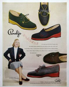 "Vintage 1951 Penaljo Shoes advertisement (original ad, not a reproduction).  Penaljo Blazer shoes with red or gold trim pair perfectly with Penaljo's blazers.  What a fun look!  This would be a fun gift for a woman who loves 50s fashions and shoes. DETAILS: Published in September, 1951, this vintage Penaljo shoes ad measures 10.15 x 12.75\".  The colors are bright and clear.  You can see faint print from the other side, but it's easy to hide with black paper as I did for the photos here.  Packaged in a clear archival poly sleeve with a crisp, white acid-free backing board, your vintage print will be shipped via USPS First Class Mail in a heavy flat photo mailer. TIPS: Browse more great vintage ad art and retro home decor ideas here in my shop: https://etsy.com/shop/RetroReveries. Vintage 50s Accessories, Retro Closet, 50s Shoes, 1930s Fashion Women, Blazer Shoes, 1950s Shoes, 1950s Woman, 1950s Fashion Women, Old Magazine