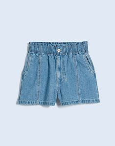 Denim Pull-On Paperbag Shorts in Bunten Wash Medium Wash Jean Shorts With Elastic Waistband, Cotton Jean Shorts With Elastic Waistband In Medium Wash, Medium Wash High-waisted Shorts With Elastic Waistband, High-waisted Elastic Waistband Medium Wash Shorts, Casual High Waist Shorts With Banded Waist, High Rise Shorts With Elastic Waistband For Day Out, Casual High Waisted Shorts With Banded Waist, Relaxed Fit Paperbag Waist Shorts, Spring Medium Wash Shorts With Elastic Waistband