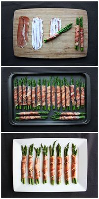 four different views of food being prepared on trays, including asparagus and prosciutto