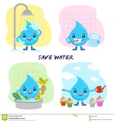 four cartoon water drop characters with watering hoses and buckets, one holding a flower pot