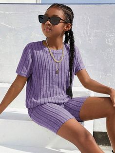 Tween Girl Summer Casual 2pcs/Set Solid Color Ribbed T-Shirt And Shorts Outfit Purple Casual  Short Sleeve Polyester Geometric,Plain  Medium Stretch  Tween Girls Clothing, size features are:Bust: ,Length: ,Sleeve Length: Shorts And Top, Top Girls, Shorts Outfit, Knit Shorts, T Shirt And Shorts, Kids Beachwear, Casual Girl, Girls Clothing, Summer Girls