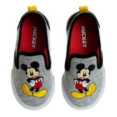 Disney Mickey Mouse Toddler Boys' Slip On Canvas Sneakers. Featuring the Fantastic icon of the Ages MICKEY MOUSE! The Slip On with the elastic fabric will allow your kid to have a good and personalized fit and can easily take them off thanks to its pull tab. Classic sneaker that fits great while looking beautiful for casual or dressy occasions. It's comfortable, convenient & durable, your kids will love putting their shoes on every day. Size: 7.  Color: Gray.  Gender: male. Low Top Tennis Shoes, Mickey Mouse Shoes, Cartoons Characters, Boys Tennis Shoes, Toddler Boy Gifts, Christmas Shoes, Disney Shoes, Toddler Boy Shoes, Colorful Shoes