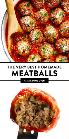 the best homemade meatballs recipe is shown in two different images