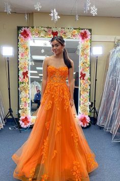 Strapless Lace Gown For Debutante Ball, Lace Evening Dress With Sweetheart Neckline For Debutante Ball, Orange Wedding Dress With Sweetheart Neckline, Lace Gown With Sweetheart Neckline For Prom, Homecoming Ball Gown With Lace Bodice, Prom Gown With Lace Bodice And Sweetheart Neckline, Strapless Lace Gown With Sweep Train, Orange Floor-length Prom Gown, Strapless Ball Gown With Lace Bodice For Prom