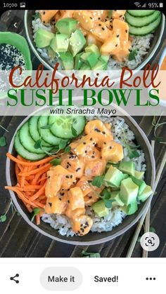 two bowls filled with rice, cucumber and carrots