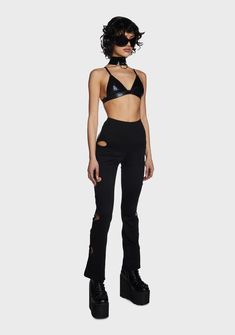 Club Exx Cut Out Flower Flare Pants - Black – Dolls Kill Edgy Flare Bottoms For Party, Edgy Flare Pants For Party, High Waist Black Elastane Flares, Edgy Stretch Pants For Party, High Waist Stretch Bottoms With Cutout Details, Edgy High-stretch Pants For Night Out, Edgy High Stretch Pants For Night Out, Fitted Cutout Bottoms For Night Out, Edgy High Stretch Pants For Party