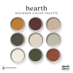 six different colors of paint in cans with the words, hearth designer color palettes