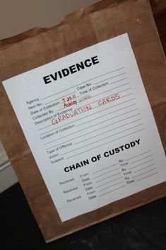 a brown paper bag with a sign on it that says evidence chain of custoy