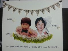 a card with an image of two children on it and the words just married above them