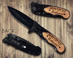 three knives with wooden handles are shown on a wood background and the same knife has been engraved onto it