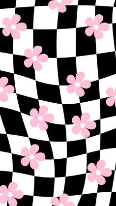 pink flowers on black and white checkered background