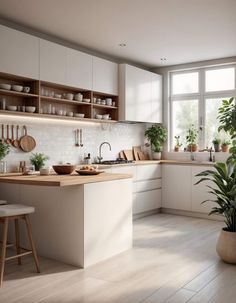 a kitchen with white cabinets and wooden floors is pictured in this image, there are potted plants on the counter