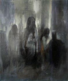 an abstract painting of people walking in the rain