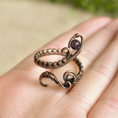 Purple Ring Snake Ring Copper Ring Elven Jewelry Witchy | Etsy Wire Wrapped Wedding Ring, Bohemian Hand Wrapped Metal Rings, Adjustable Wire Wrapped Metal Ring, Handmade Adjustable Bohemian Crystal Ring, Bohemian Hand Wrapped Copper Wire Rings, Bohemian Metal Ring With Wire Wrapped Detail, Bohemian Metal Rings With Wire Wrapped Detail, Hand Forged Adjustable Bohemian Rings, Bohemian Metal Ring With Wire Wrapping