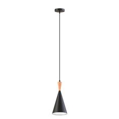 a black and white light hanging from a ceiling fixture with an orange wooden tip on the end