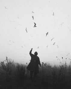 black and white photograph of a person standing in the fog with birds flying overhead