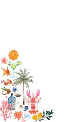 an illustration of various tropical items on a white background