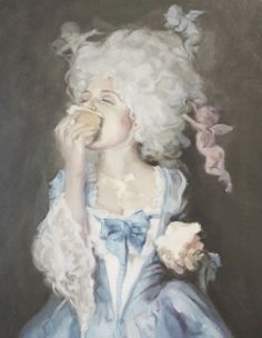 a painting of a woman eating a donut with flowers in her hair and wearing a blue dress